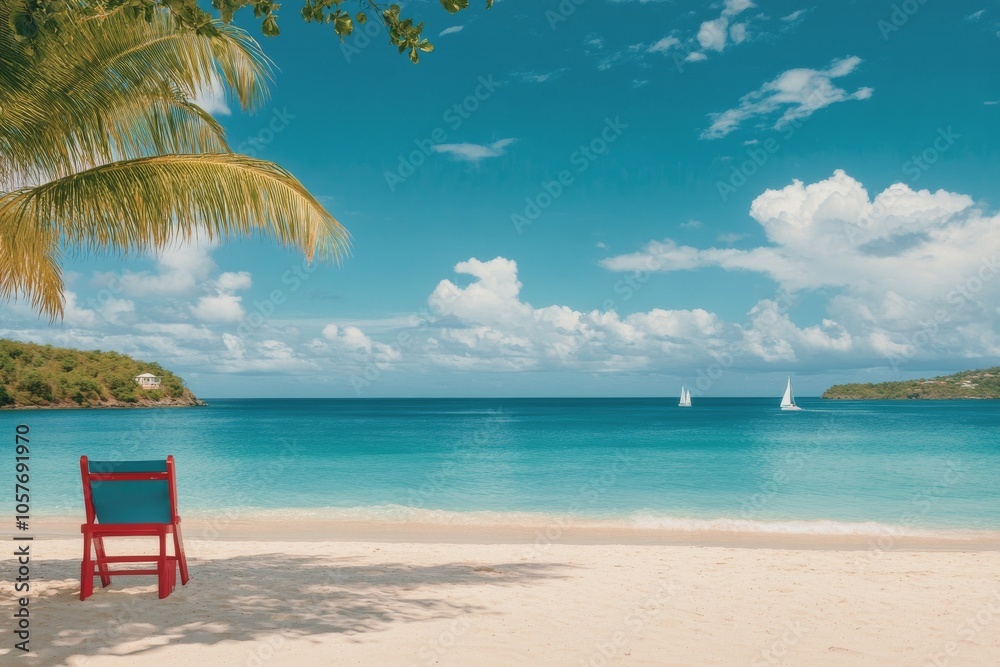 A tranquil beach with turquoise waters and palm trees on a sunny day in a tropical paradise A tranquil beach with turquoise waters and palm trees on a sunny day in a tropical paradise