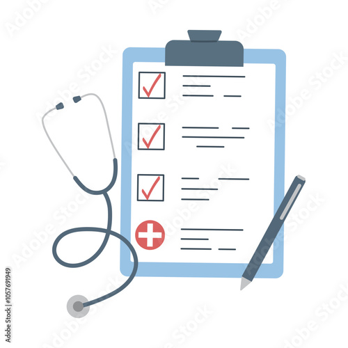 Medical Checklist with Stethoscope and Pen, 
Vector illustration of a medical checklist clipboard with checkmarks, accompanied by a stethoscope and a pen