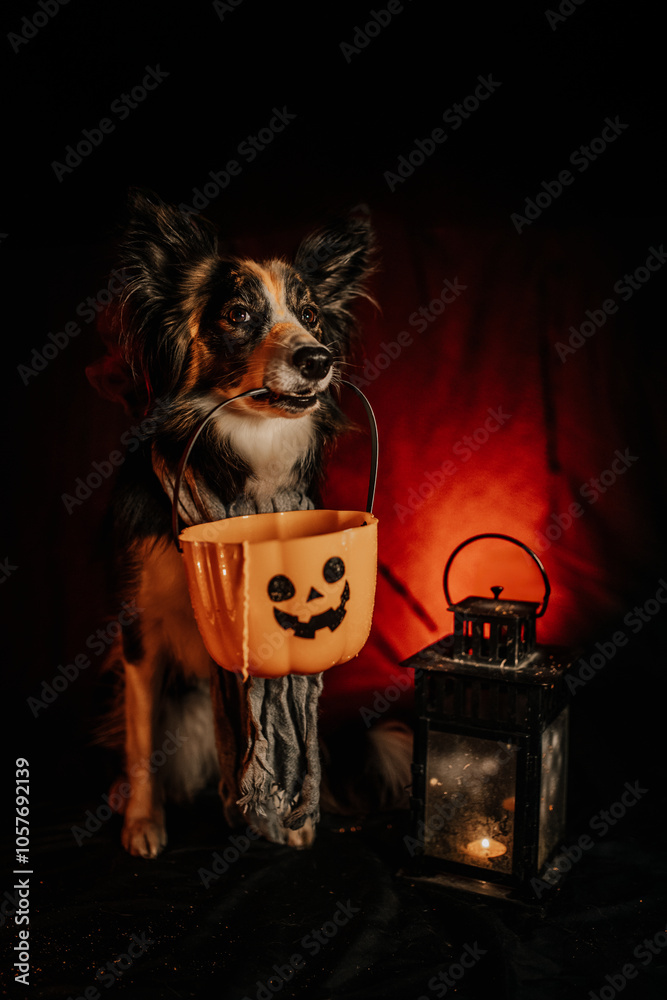 Zdjęcie psa w kostiumie Halloween na strasznym tle