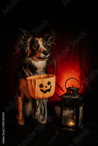 Obraz na płótnie Zdjęcie psa w kostiumie Halloween na strasznym tle w salonie