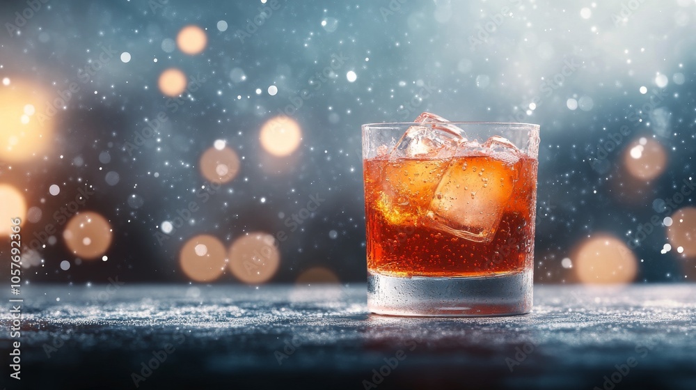 Colorful drink splashing in a glass on a dark background with shimmering light effects Colorful drink splashing in a glass on a dark background with shimmering light effects