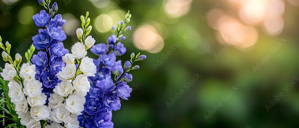 Stunning close up of elegant orchids in soft white and deep purple hues isolated against a gentle blurred floral background The delicate petals and stems create a serene Stunning close up of elegant orchids in soft white and deep purple hues isolated against a gentle blurred floral background The delicate petals and stems create a serene