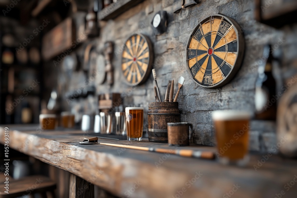 Rustic bar scene with dartboards and glasses of beer. Rustic bar scene with dartboards and glasses of beer.