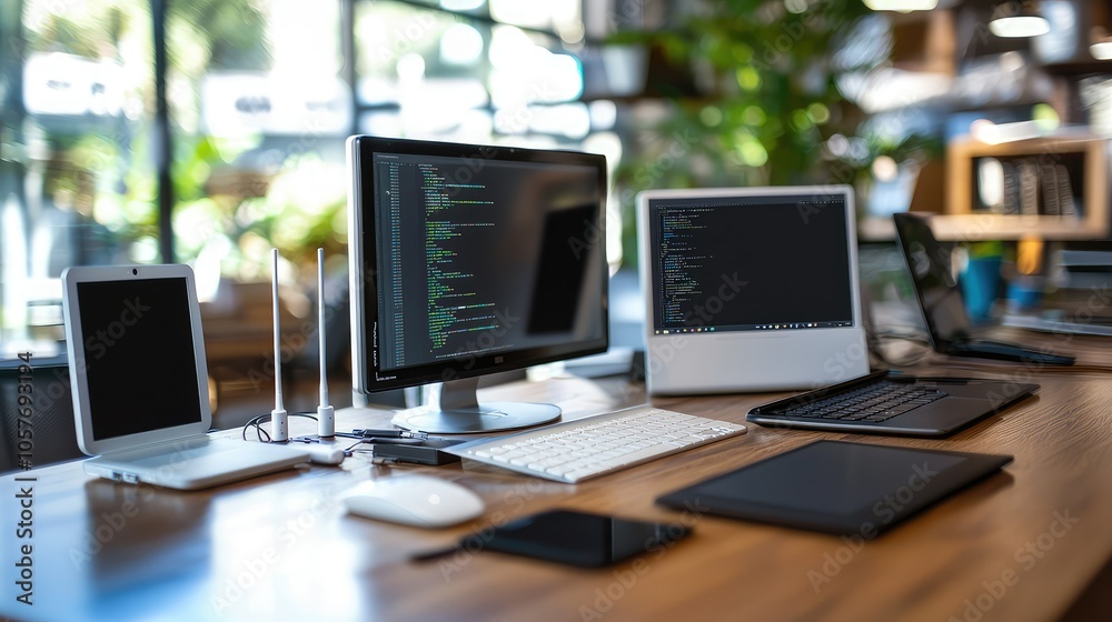 Modern Office Setup with Multiple Wireless Devices Modern Office Setup with Multiple Wireless Devices