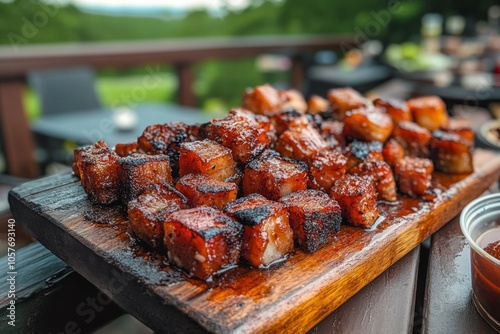 Pork belly burnt ends on a wooden platter