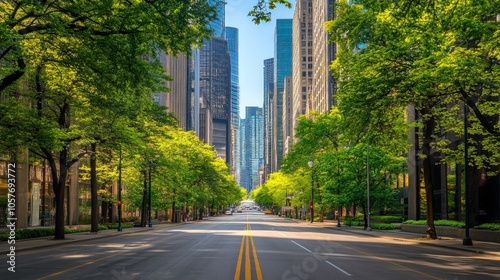 A wide, empty street lined with trees leading to a cityscape of skyscrapers under a bright blue sky.