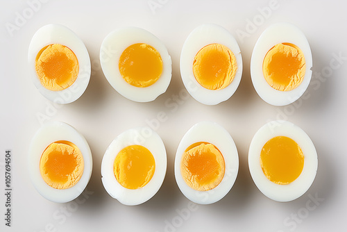 A neat row of half white eggs bright surface with vibrant yellow yolk on a clean background.