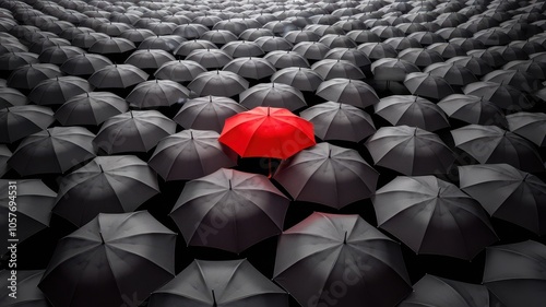 Single Red Umbrella in Dense Cluster of Gray Umbrellas, Symbolizing Uniqueness