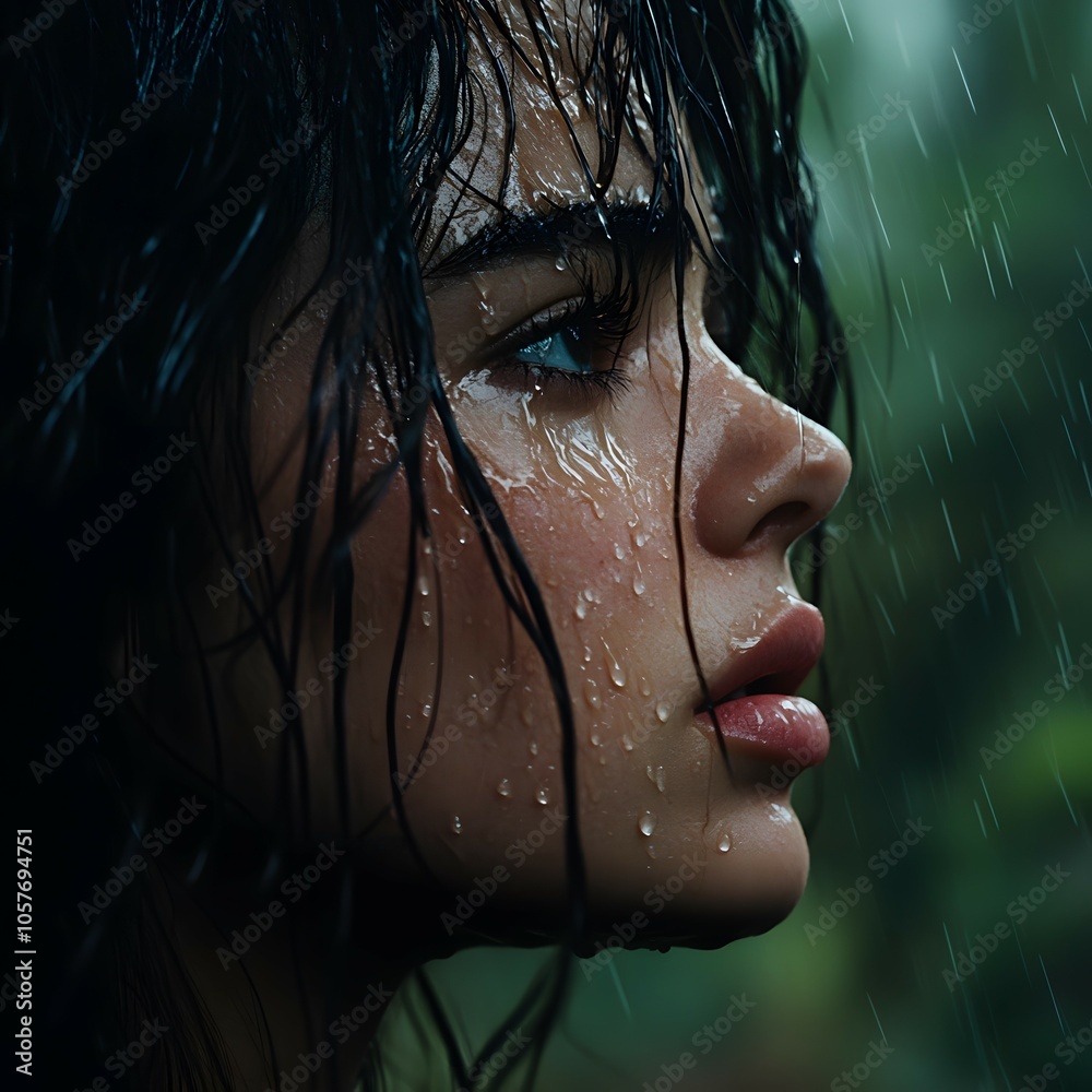 Woman with wet hair in the rain Woman with wet hair in the rain