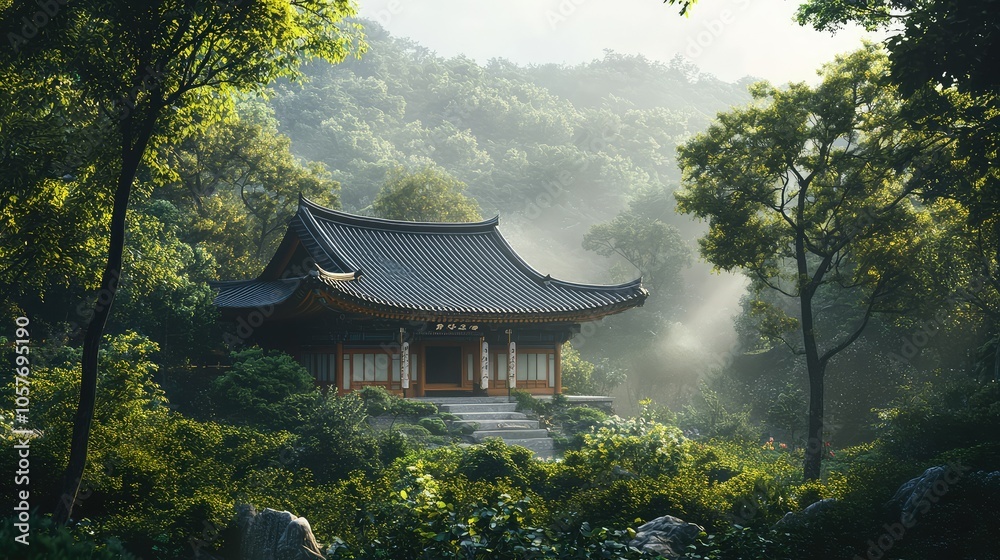 Tranquil Korean Temple Surrounded by Lush Forest Tranquil Korean Temple Surrounded by Lush Forest