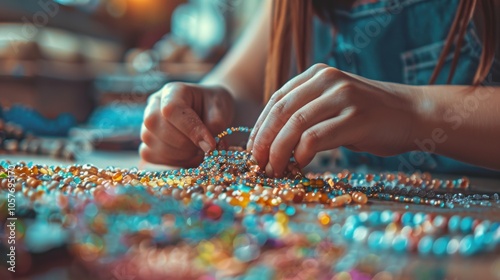 Crafting Intricate Beaded Jewelry - Hands Working with Colorful Beads for Artistic Creations. Generative ai