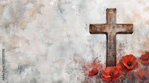 Fototapeta Naklejka Na Ścianę i Meble -  Remembrance Day, Memorial, Armistice, Anzac day background. Brown cross and poppies flowers on watercolor style background