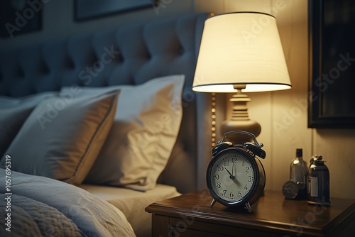 Cozy bedroom with bedside lamp and vintage alarm clock showing late evening a...