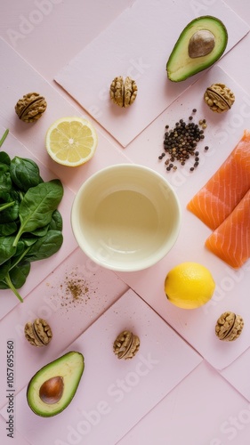 Wallpaper Mural Healthy Ingredients on Pink Surface with Avocado, Spinach, and Garlic Torontodigital.ca