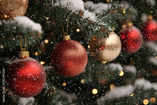 Snow covered Christmas tree ornaments hanging delicately on branches in a win...
