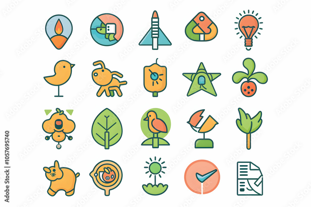 A set of 20 colorful flat icons representing a variety of concepts such as location, growth, technology, animals, and more. A set of 20 colorful flat icons representing a variety of concepts such as location, growth, technology, animals, and more.