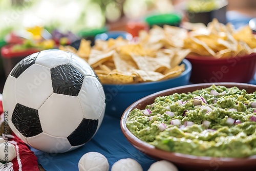 Snack Table: A soccer ball alongside a table adorned with guacamole and nachos.