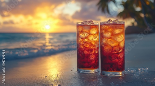 Two drinks with ice in tall glasses on the beach at sunset, with a tropical background