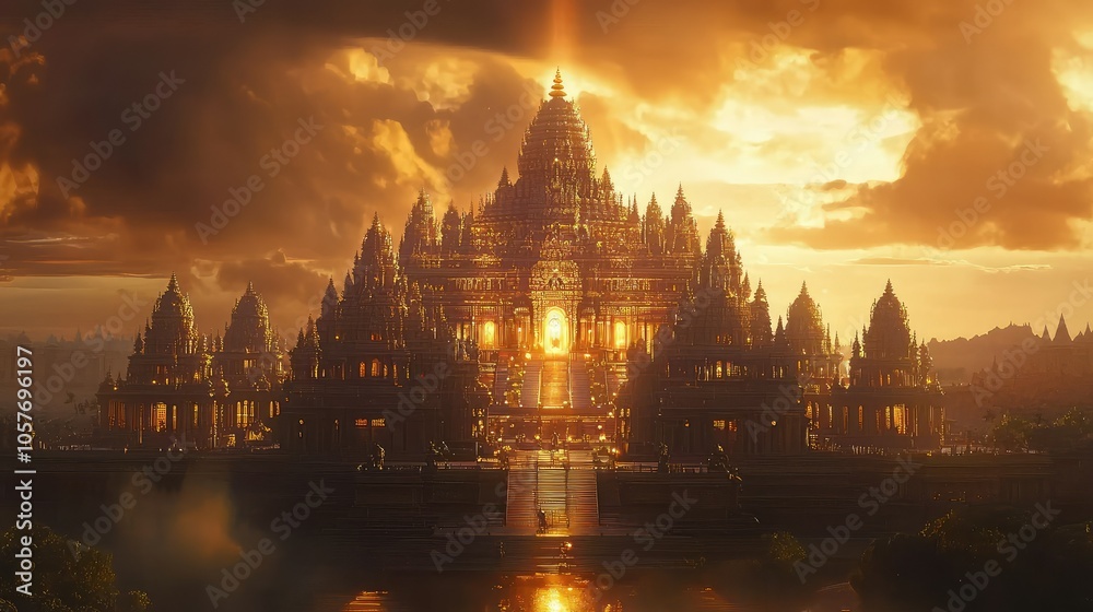 Obraz premium Majestic Hindu Temple at Sunset with Warm Glow