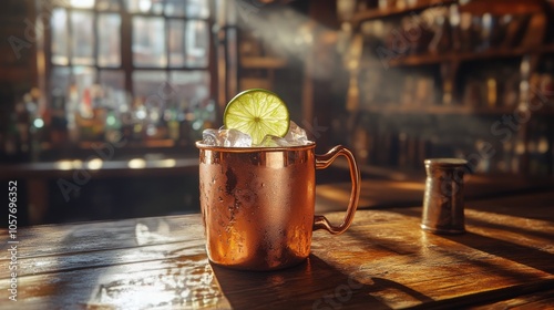 Copper mug with a lime garnish on a bar counter during golden hour at a livel...