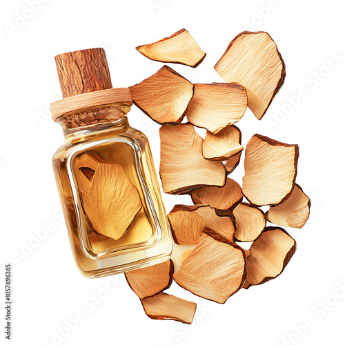 Sandalwood oil bottle with wood chips, white background