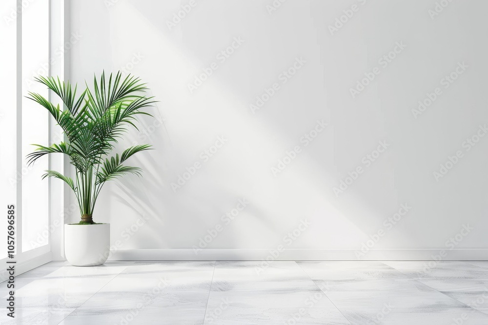 Minimalist interior with sunlit green potted plant and clean white wall space. Minimalist interior with sunlit green potted plant and clean white wall space.
