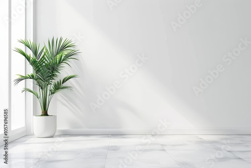 Minimalist interior with sunlit green potted plant and clean white wall space.