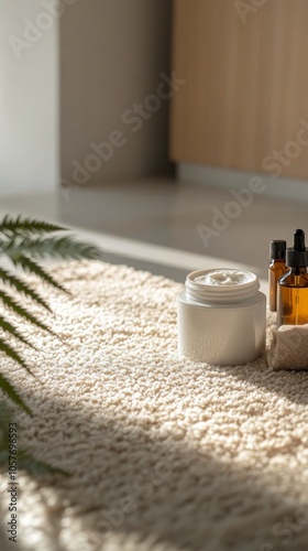 A serene indoor setting featuring natural skincare products on a textured rug...
