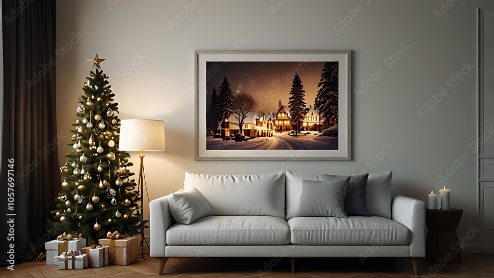 Art deco interior design of modern living room, home. Golden round coffee table near white sofa with teal pillows against wall with poster.Living room in art deco style	