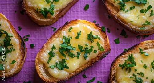 Crispy cheese toast topped with fresh herbs on a vibrant background at a cozy...