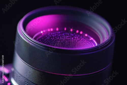 Close up view of a camera lens showcasing vibrant purple light reflections an...