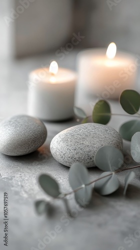 Tranquil arrangement of stones and candles with eucalyptus leaves in a calmin...