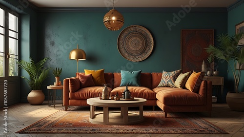 Art deco interior design of modern living room, home. Golden round coffee table near white sofa with teal pillows against wall with poster.Living room in art deco style	 photo