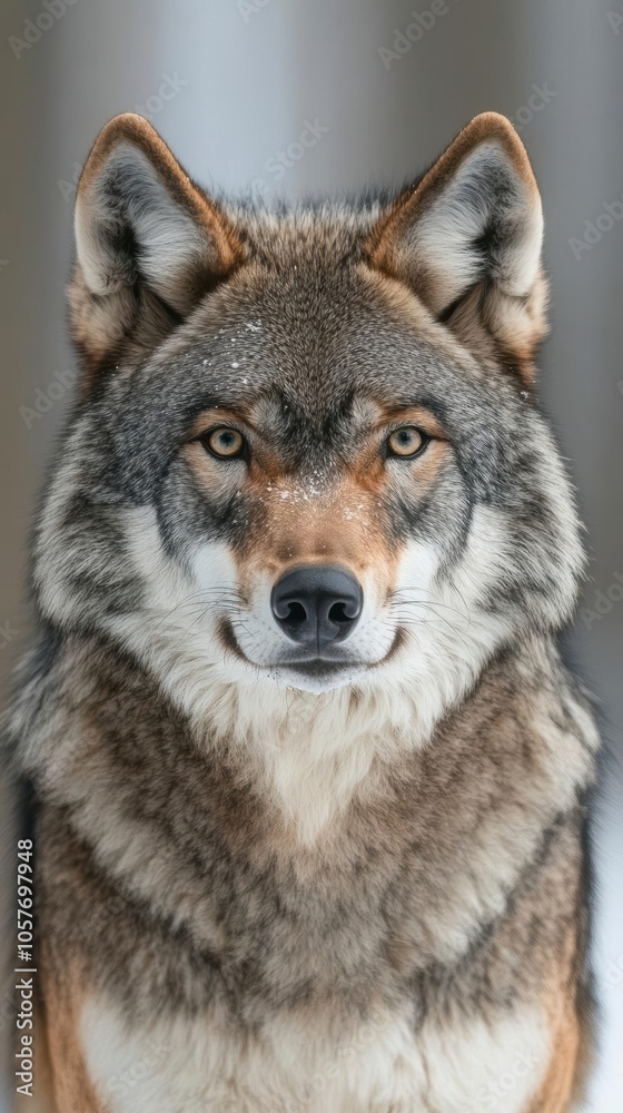 A wolf stares directly at the camera with a serious expression A wolf stares directly at the camera with a serious expression