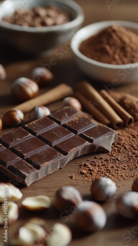 Chocolate bar surrounded by nuts and spices on a wooden table in a warm kitch...