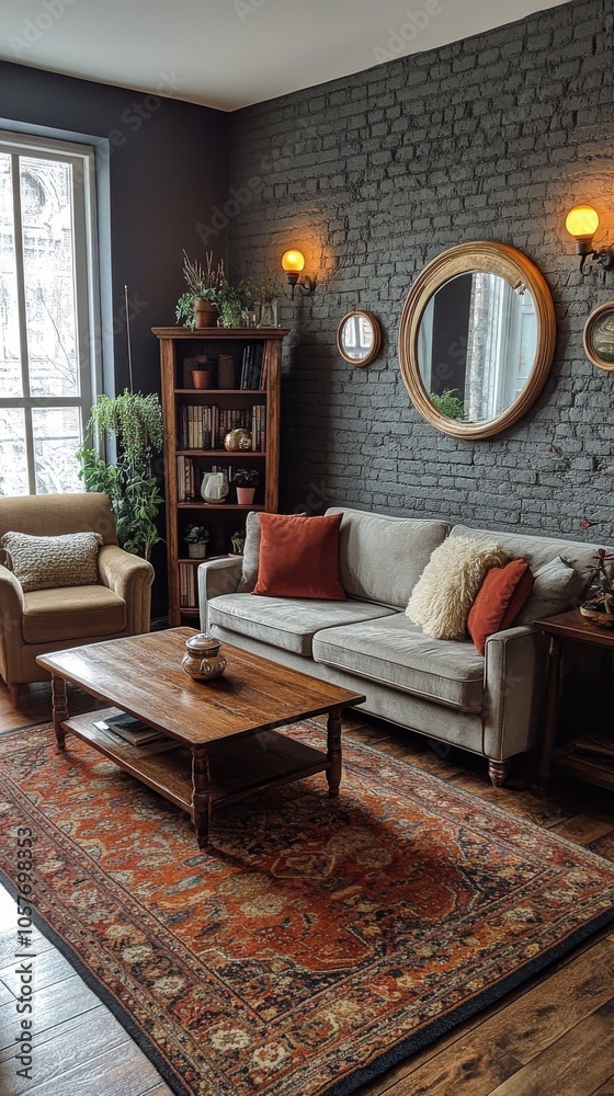 Fototapeta premium Cozy living room with natural elements and soft lighting in a stylish urban apartment