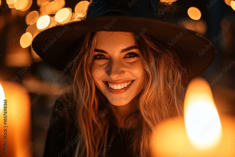Portrait of Enchanting Witch illuminated by candlelight atmosphere. Playful pretty witch beautiful girl grins softly, illuminated by warm candles. Magical ambiance. Trick-or-treat. Gothic creepy woman Portrait of Enchanting Witch illuminated by candlelight atmosphere. Playful pretty witch beautiful girl grins softly, illuminated by warm candles. Magical ambiance. Trick-or-treat. Gothic creepy woman