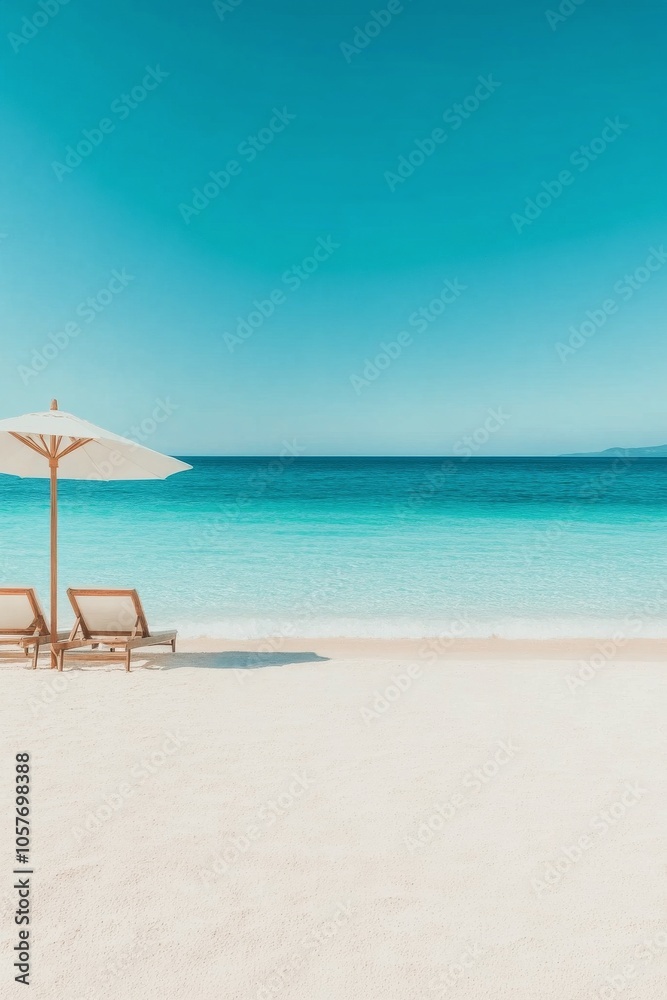 Fototapeta premium Serene beach view with a sun lounger and umbrella under a clear sky and calm waters