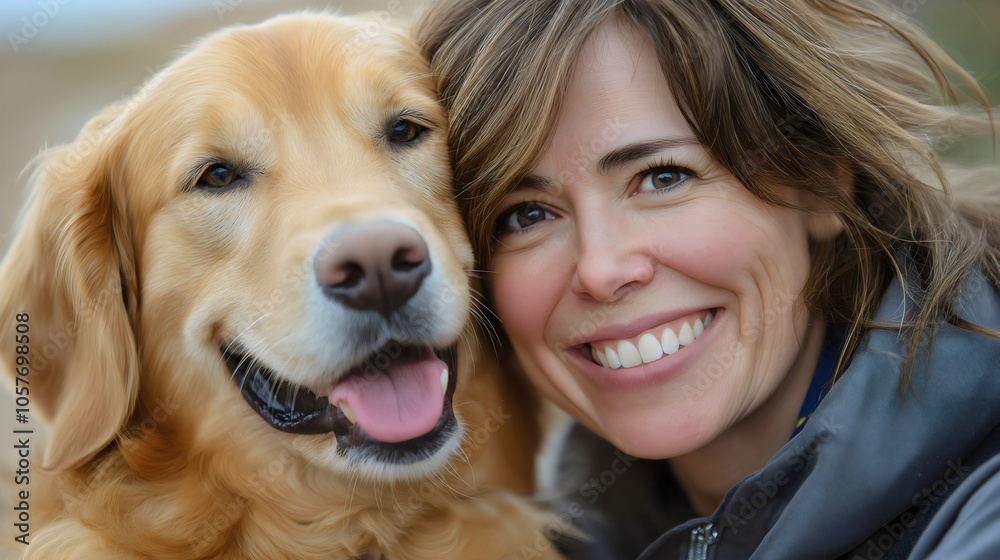 Woman with her dog in a portrait capturing a happy moment of love with her golden retriever, pet and owner together in shared happiness and creating a beautiful bond filled with joy and affection Woman with her dog in a portrait capturing a happy moment of love with her golden retriever, pet and owner together in shared happiness and creating a beautiful bond filled with joy and affection