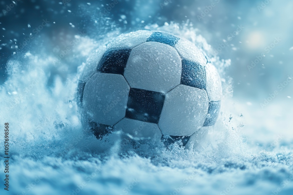 Fototapeta premium A soccer ball splashes through water in a dramatic outdoor setting during a rainy match