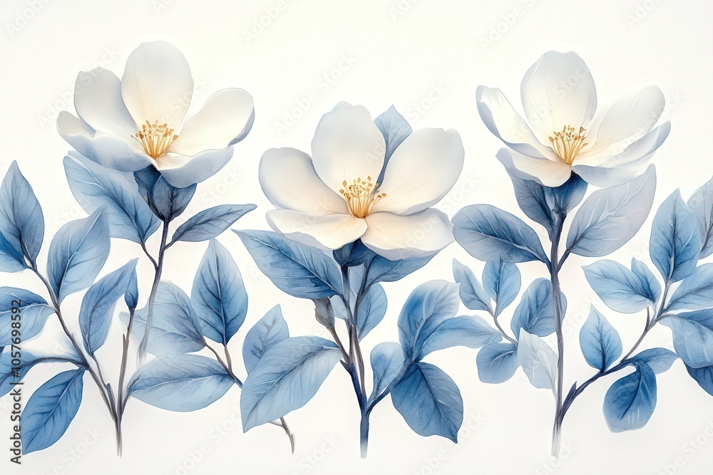 A serene illustration of magnolia flowers with blue leaves against a light background. A serene illustration of magnolia flowers with blue leaves against a light background.