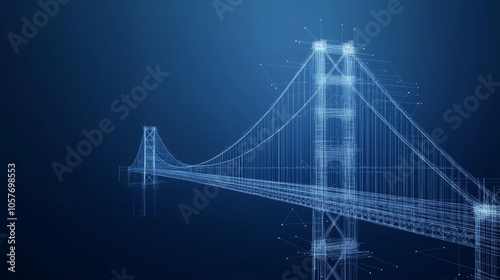 Golden Gate Bridge Wireframe: A mesmerizing wireframe rendering of the iconic Golden Gate Bridge, capturing its architectural prowess and timeless elegance against a deep blue background.
