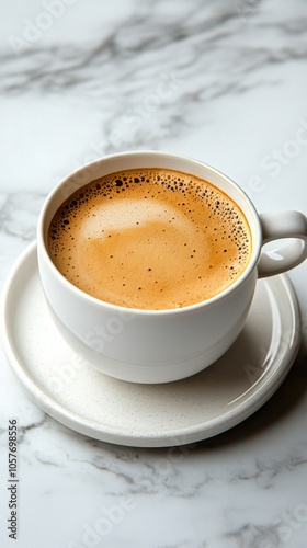 A serene cup of coffee resting on an elegant white silk surface in soft morni...