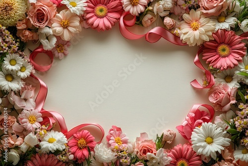 Floral frame with pink and white blooms surrounding blank center space photo