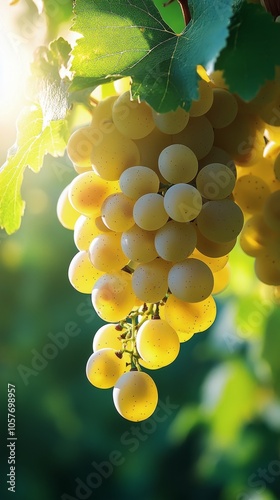 Ripe yellow grapes hanging on vine in sunlight during summer afternoon in a v...