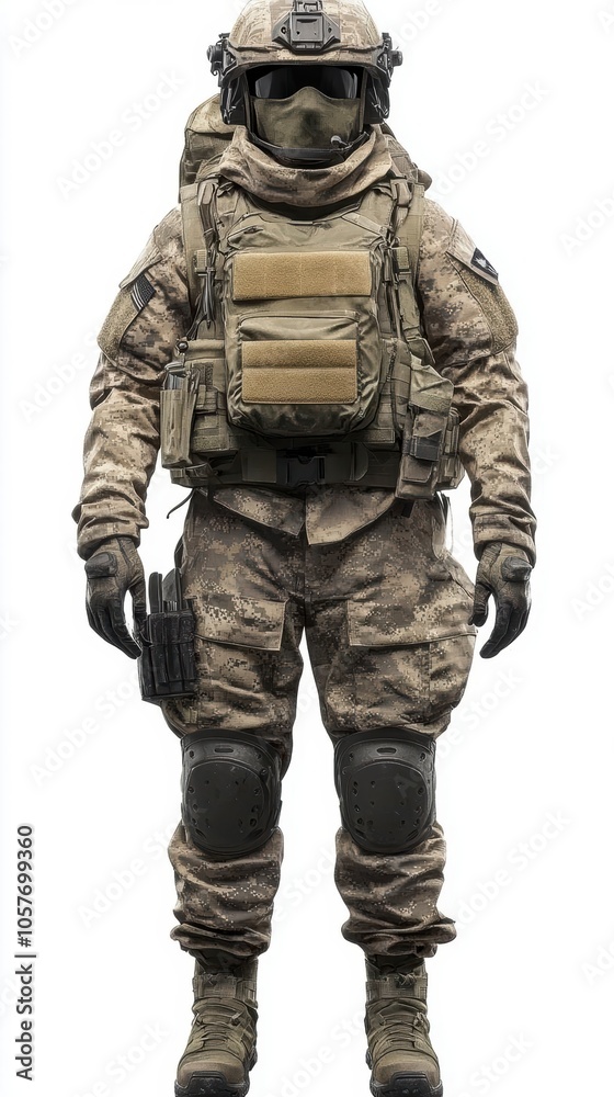 A soldier in full combat gear standing at attention A soldier in full combat gear standing at attention