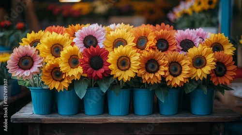 Bright sunflowers arranged on a rustic wooden table in a sunny flower market ...