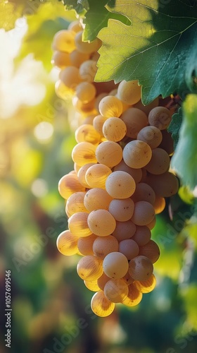Ripe yellow grapes hanging on vine in sunlight during summer afternoon in a v...