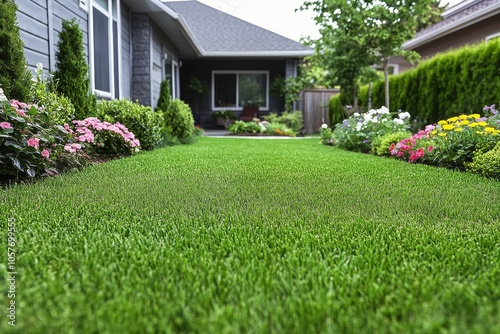 Lush green lawn bordered by vibrant flower beds in a residential backyard dur...