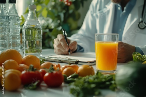 Health pro notes surrounded by fresh produce and drinks in a bright space